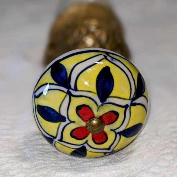 Vintage Ceramic Polished Hand Painted Floral Brass Doorknobs - Picture 5 of 5